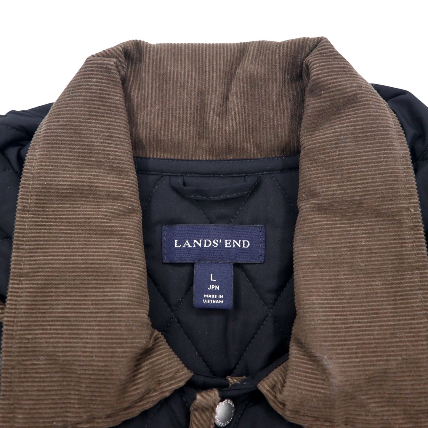 LANDS' END キルティングジャケット L ブラック ポリエステル フード着脱式 襟コーデュロイ