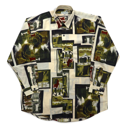 Vintage 90s Retro Shirt Royal Honey ポリシャツ M ベージュ 総柄 アート ポリエステル