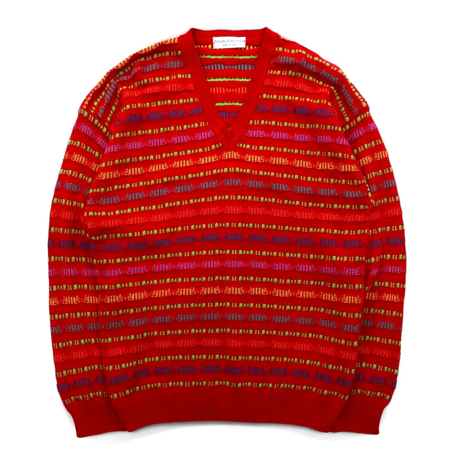 Fantasie di Settembre イタリア製 90年代 Vネック 3D ニット セーター L レッド 総柄 ボーダー