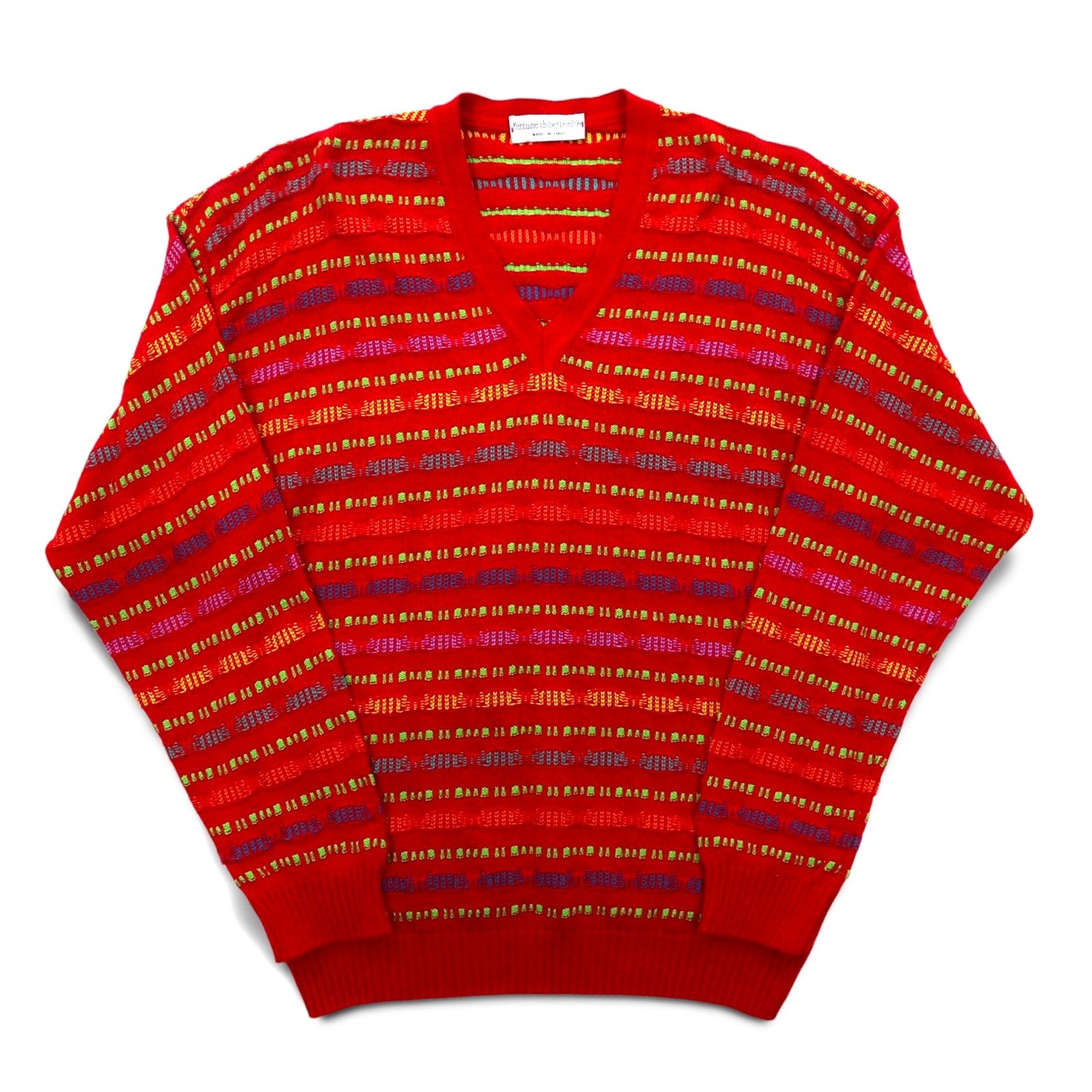 Fantasie di Settembre イタリア製 90年代 Vネック 3D ニット セーター L レッド 総柄 ボーダー