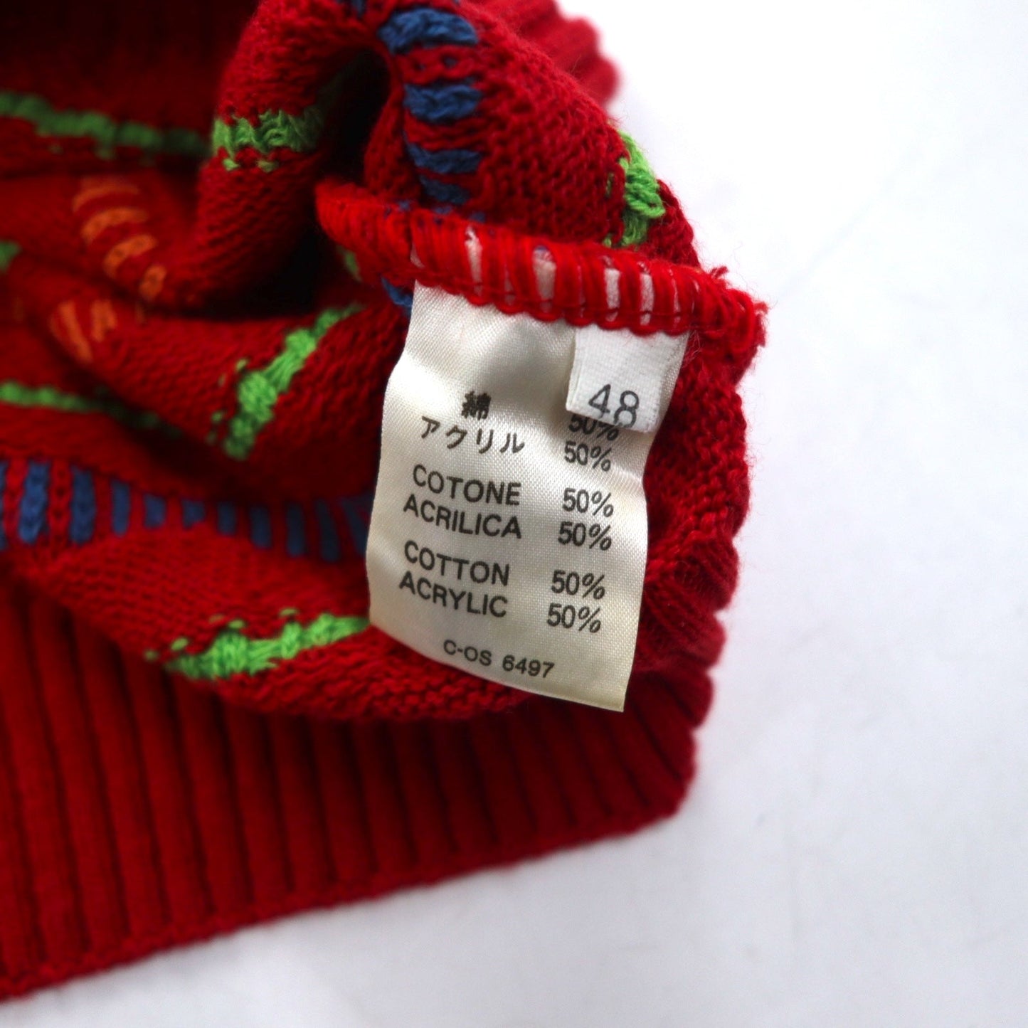 Fantasie di Settembre イタリア製 90年代 Vネック 3D ニット セーター L レッド 総柄 ボーダー