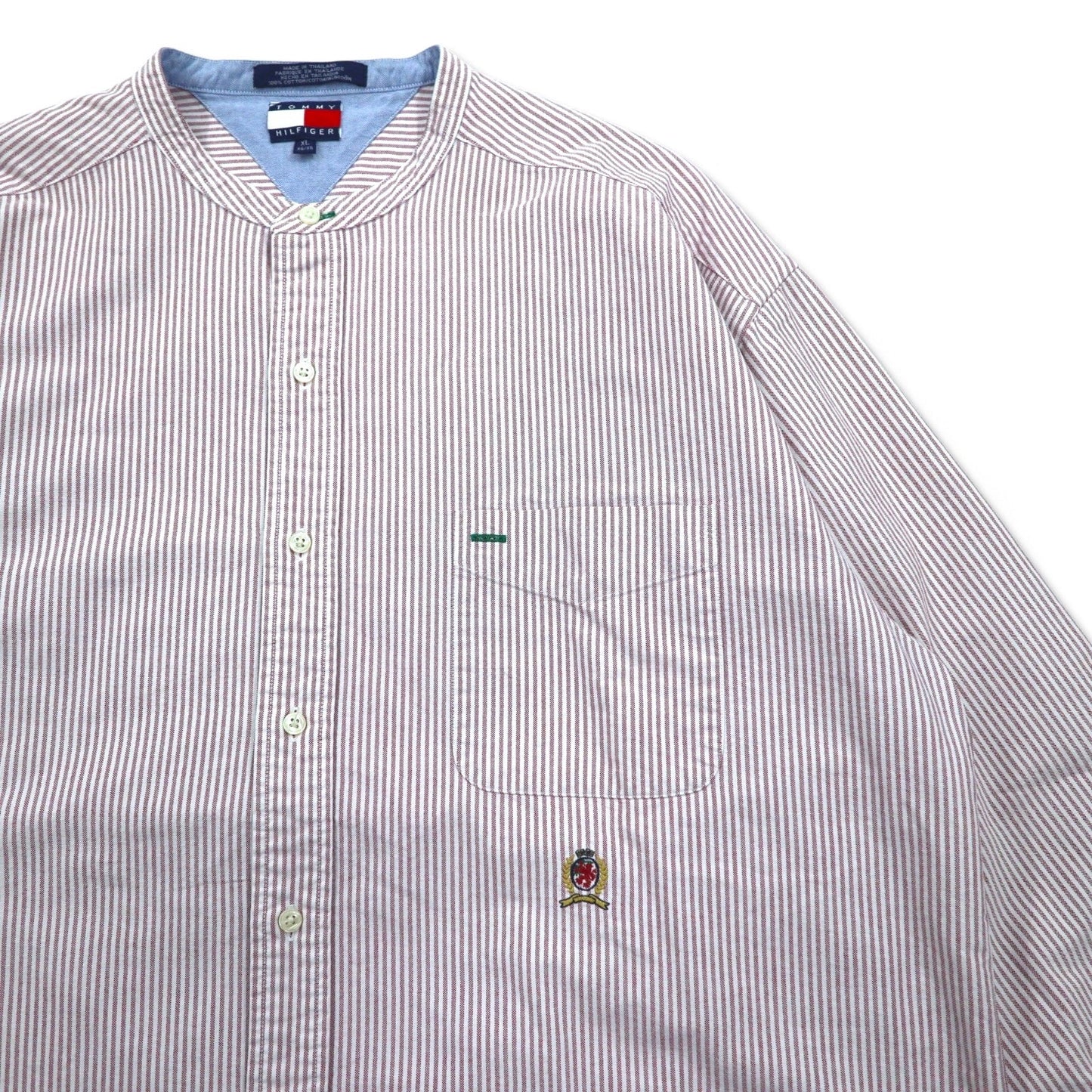 TOMMY HILFIGER バンドカラー オックスフォードシャツ XL ピンク ホワイト コットン ストライプ
