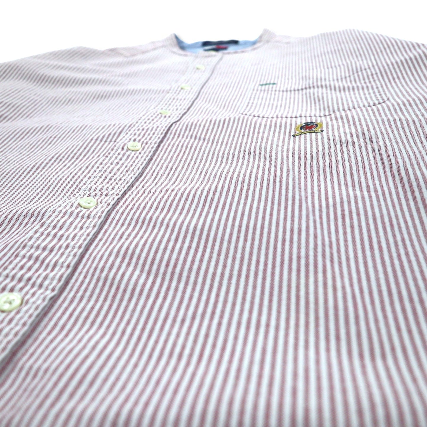 TOMMY HILFIGER バンドカラー オックスフォードシャツ XL ピンク ホワイト コットン ストライプ