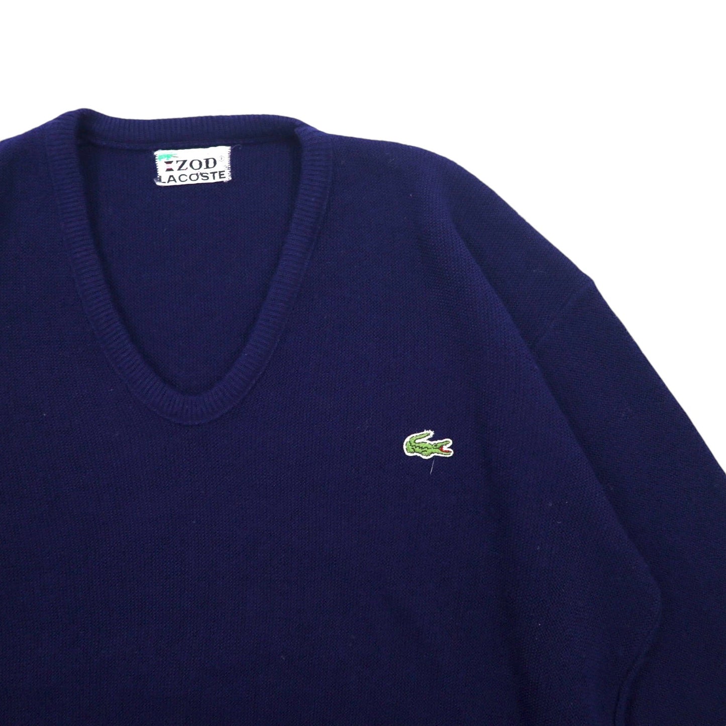 IZOD LACOSTE 70年代 糸巻きタグ Vネック アクリルニット セーター L ネイビー ワンポイントロゴ
