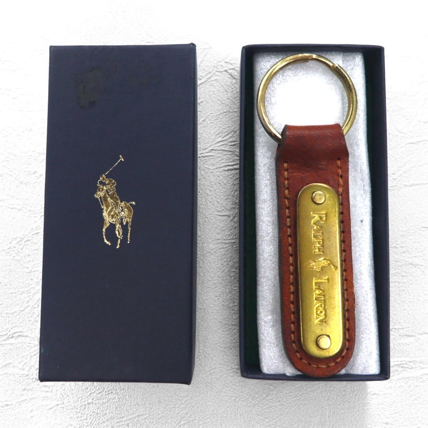 RALPH LAUREN USA製 レザー キーリング キーホルダー ブラウン メタルプレート 未使用品