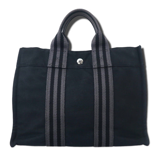 HERMES フランス製 フールトゥ PM トートバッグ ハンドバッグ ブラック コットン キャンバス