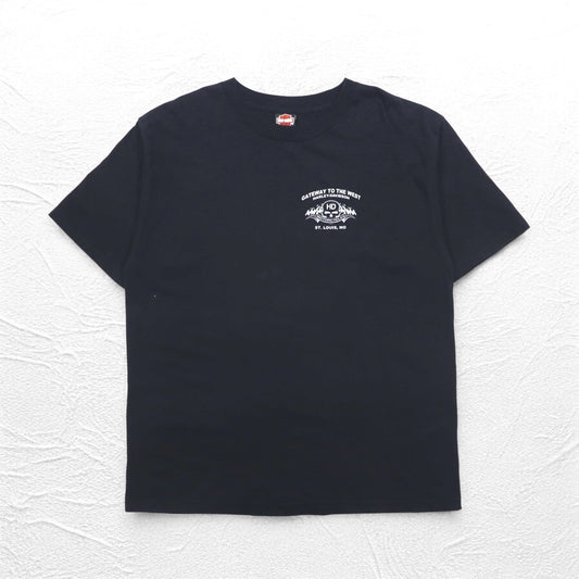 HARLEY DAVIDSON 00年代 USA製 ファイヤーパターン スカルプリント Tシャツ 2XL ブラック コットン ST LOUIS MO