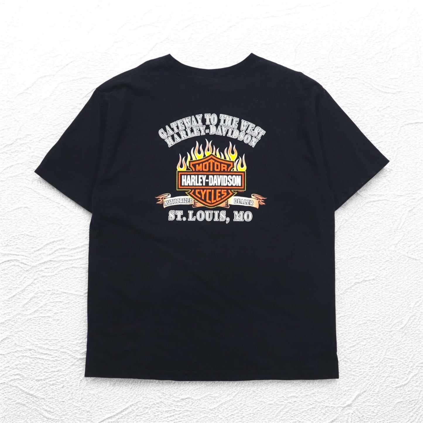 HARLEY DAVIDSON 00年代 USA製 ファイヤーパターン スカルプリント Tシャツ 2XL ブラック コットン ST LOUIS MO