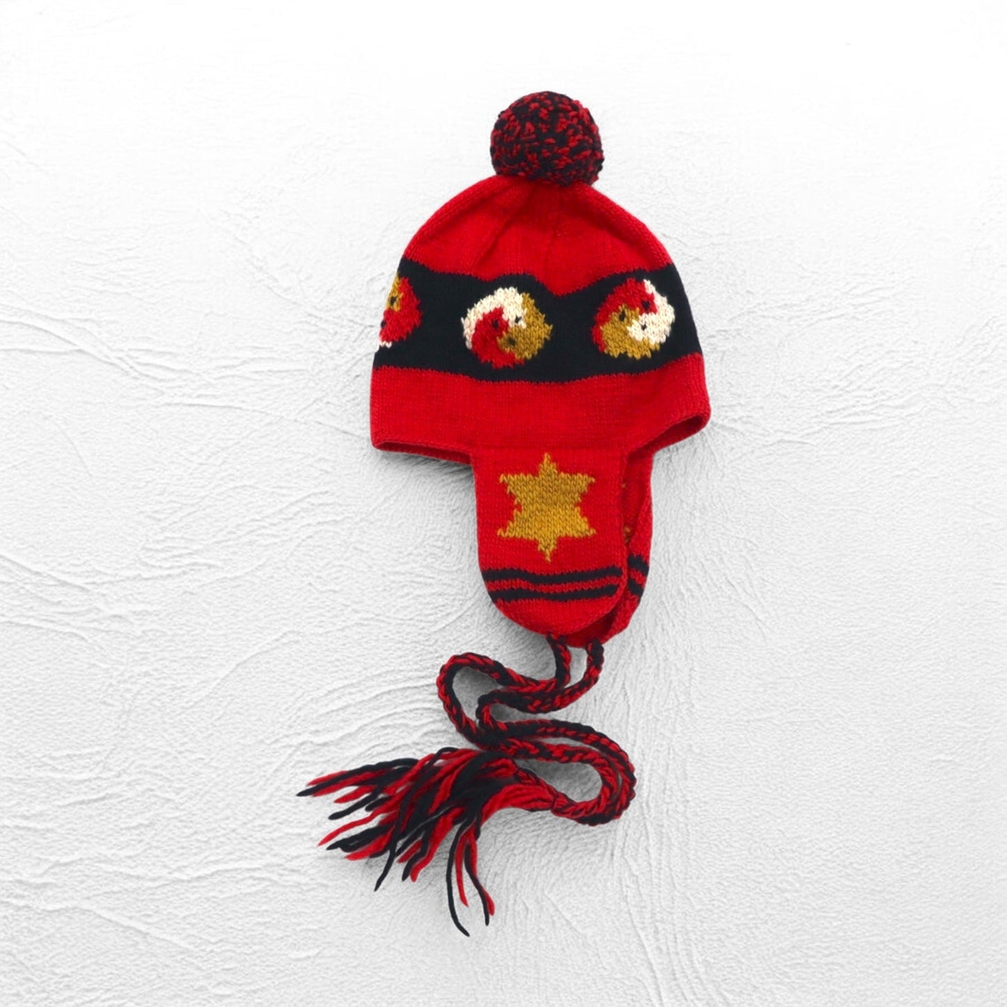 Leh イヤーフラップ ニット キャップ ear flap knit cap ボンボン ニット帽 FREE レッド 耳あて付き