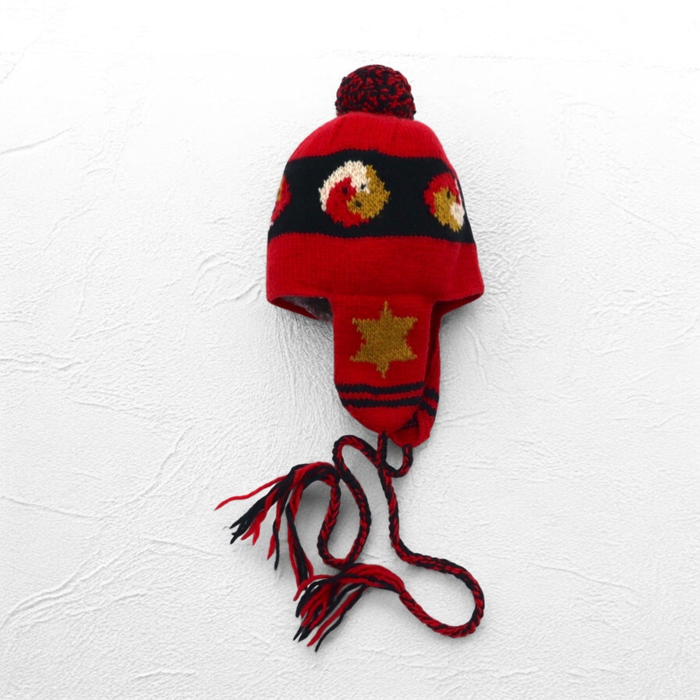 Leh イヤーフラップ ニット キャップ ear flap knit cap ボンボン ニット帽 FREE レッド 耳あて付き