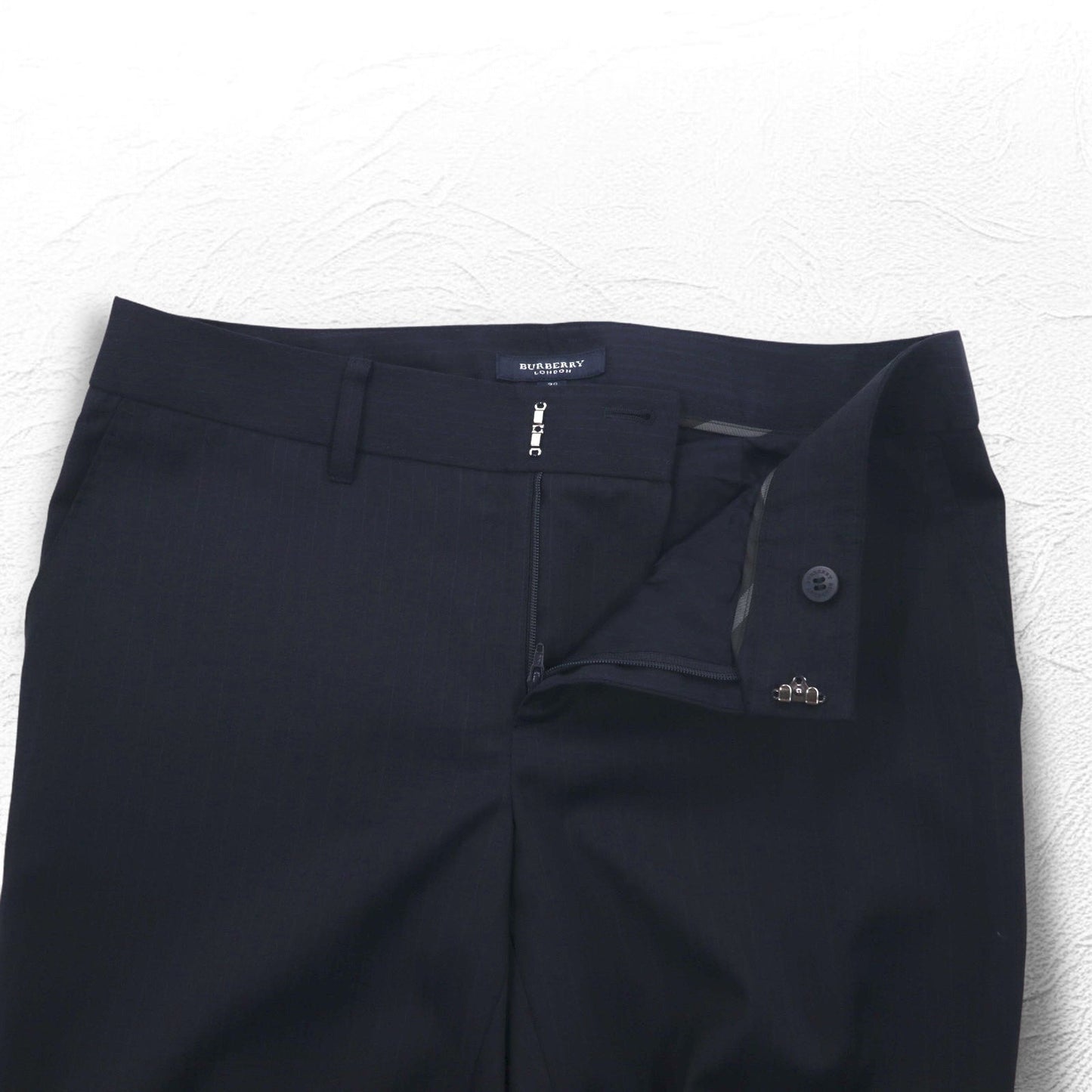 BURBERRY スラックスパンツ M ネイビー ストライプ ウール 日本製
