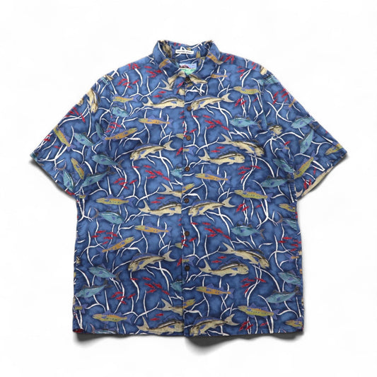 Reyn Spooner 80年代 ハワイ製 ダイアモンドヘッドタグ アロハシャツ L ネイビー コットン EGYPTIAN COTTON 魚モチーフ