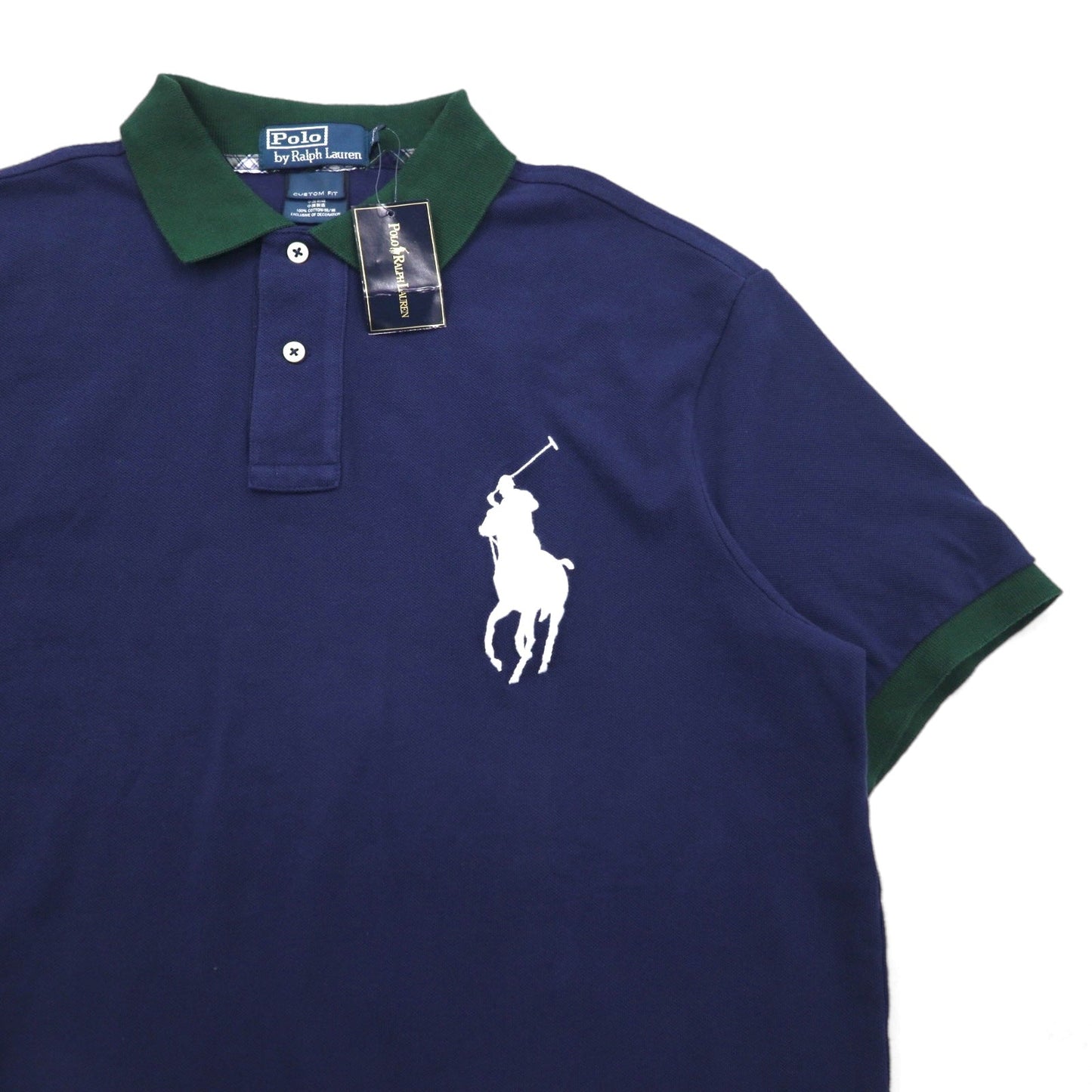 Polo by Ralph Lauren 90年代 ビッグポニー刺繍 ポロシャツ L ネイビー コットン 鹿の子 CUSTOM FIT CLASSICS 未使用品