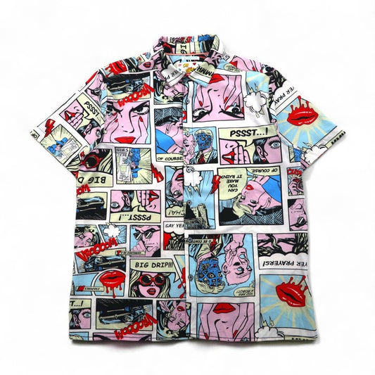 OH SNAP BY DRILL CLOTHING Co. アメコミ 半袖 シャツ L マルチカラー 総柄 ポップアート ストレッチ