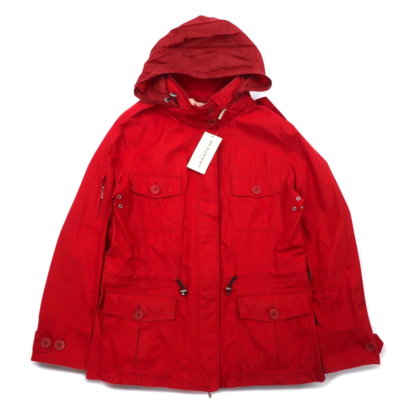 BURBERRY パッカブル フィールドジャケット M レッド WATERPROOF 防水 ドローコード フード収納式 WENDY