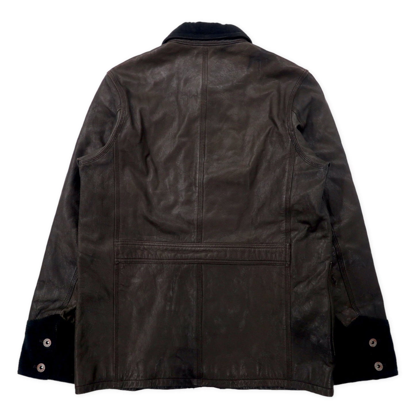 Leather Chore Coat レザーカバーオール M ブラック 山羊革 ゴート コーデュロイ切り替え 月桂樹ボタン