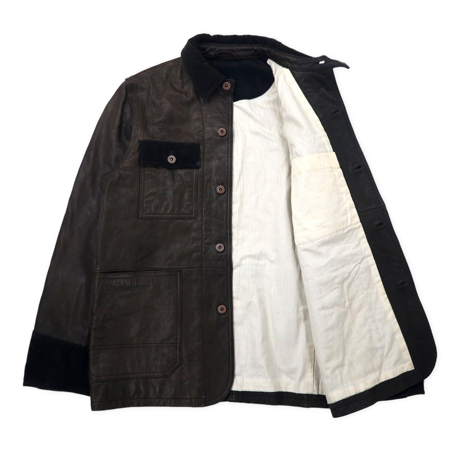 Leather Chore Coat レザーカバーオール M ブラック 山羊革 ゴート コーデュロイ切り替え 月桂樹ボタン