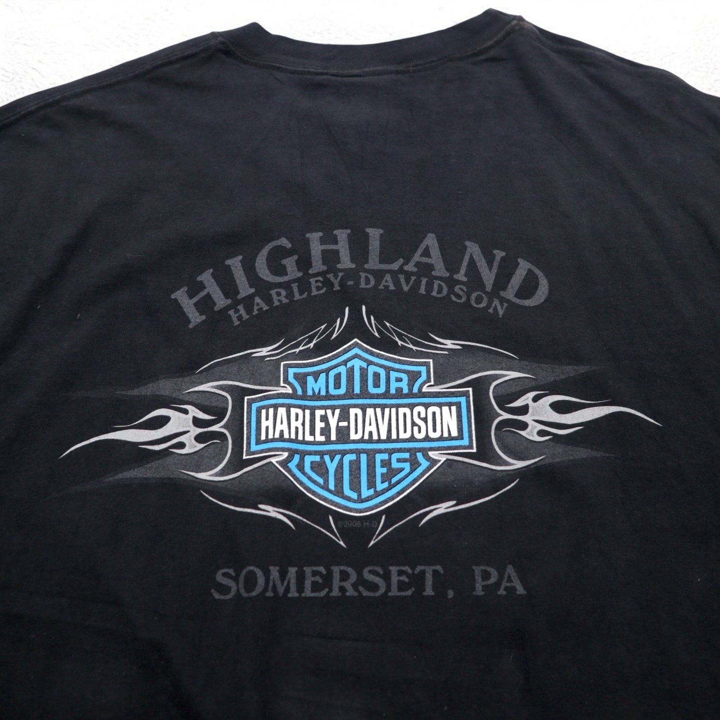 HARLEY DAVIDSON 00年代 USA製 ブルー ファイヤーパターン 両面プリント Tシャツ 2XL ブラック SOMERSET ビッグサイズ