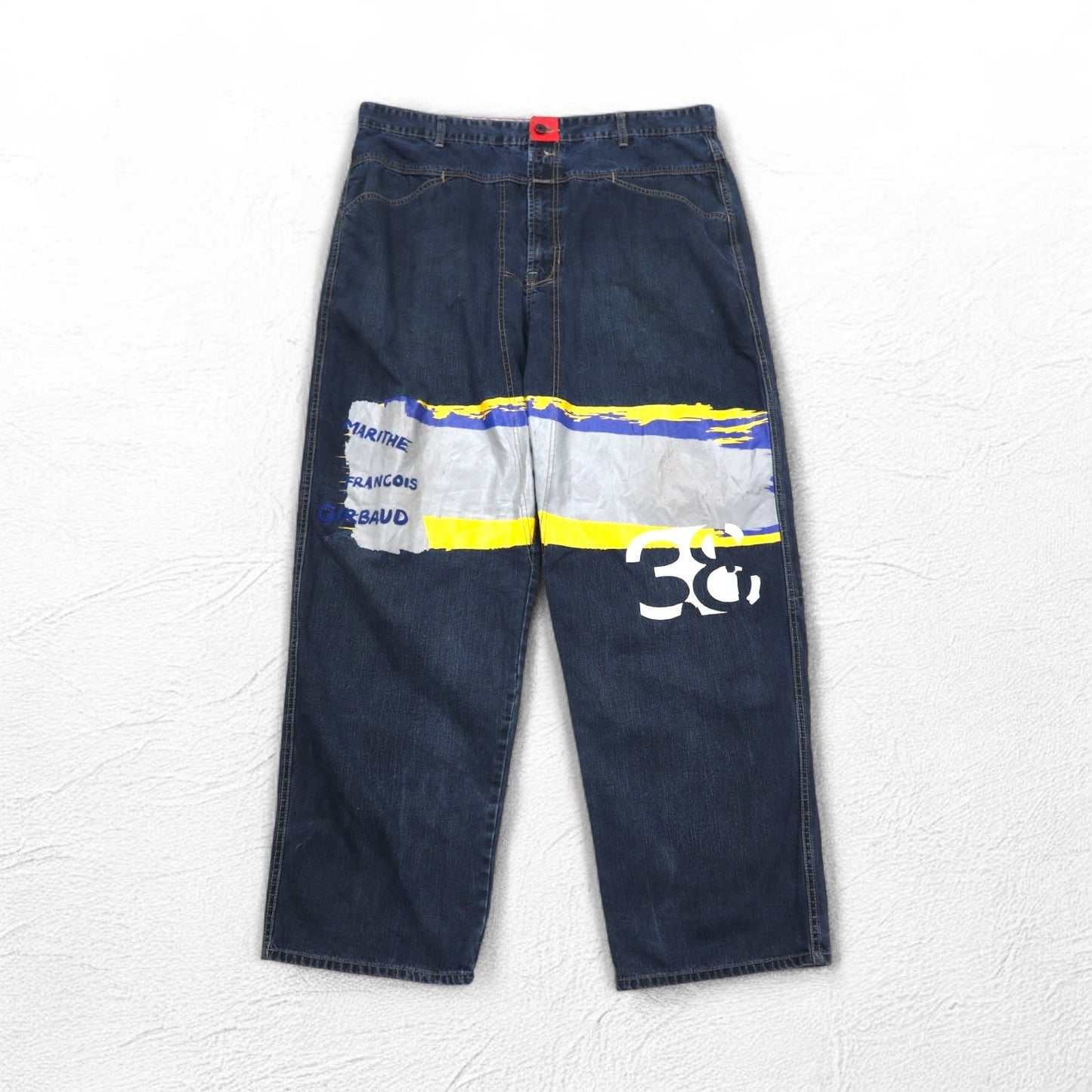 MARITHE + FRANCOIS GIRBAUD バギー ワイド デニムパンツ XL インディゴ ブルー ペイントデザイン