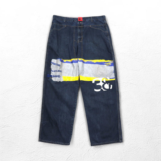 MARITHE + FRANCOIS GIRBAUD バギー ワイド デニムパンツ XL インディゴ ブルー ペイントデザイン