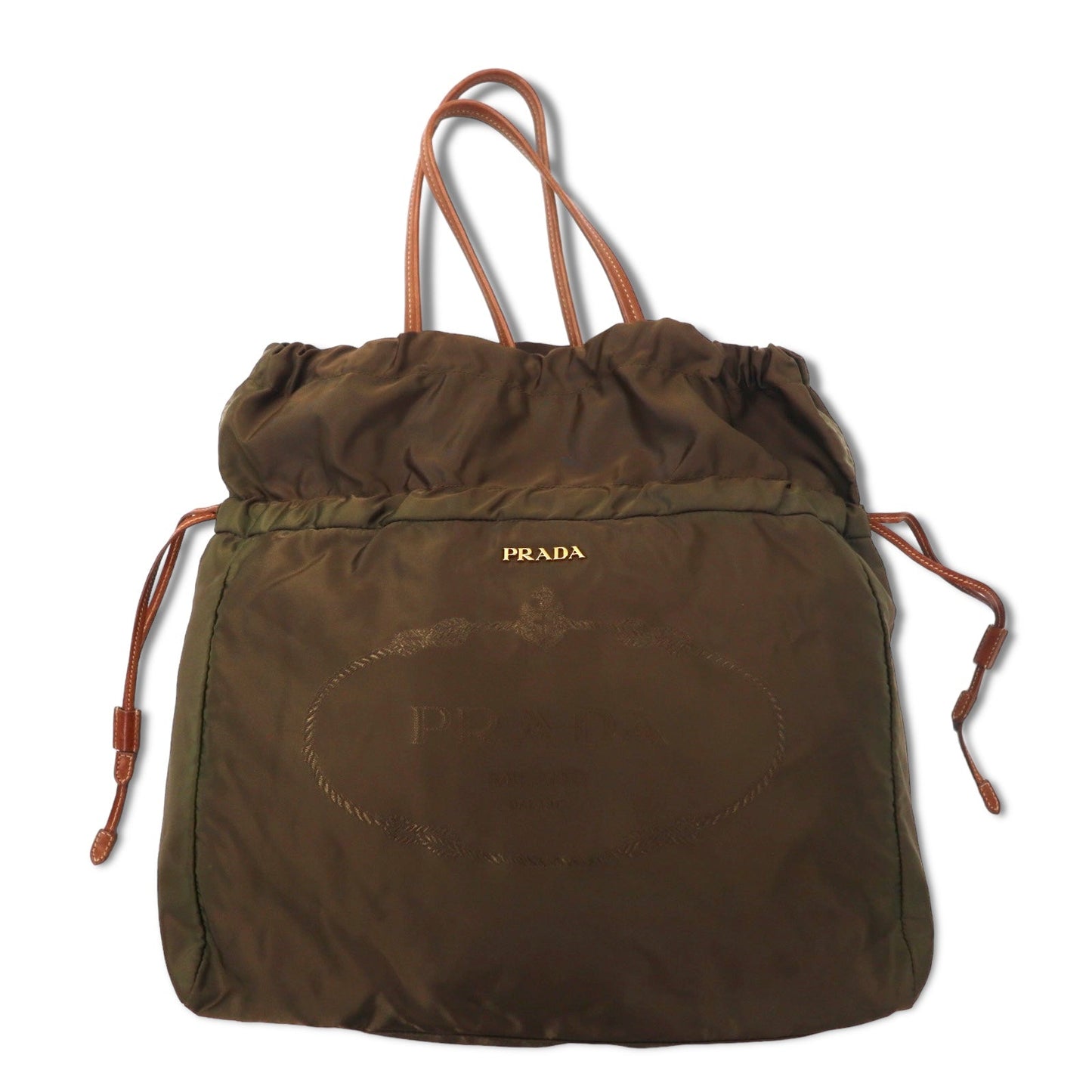 PRADA ジャガード 巾着 トートバッグ ショルダーバッグ カーキ ナイロン ロゴプリント