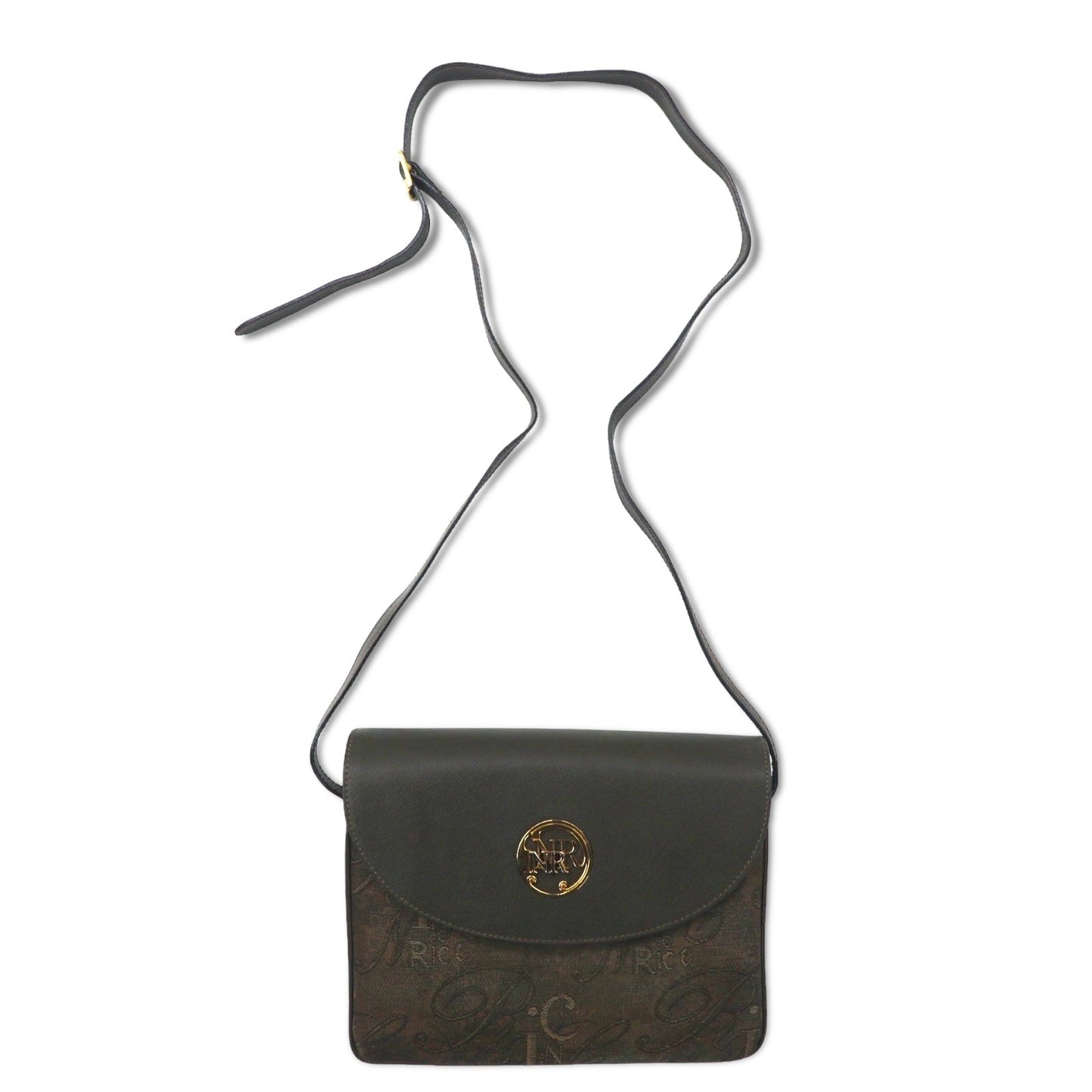 NINA RICH イタリア製 レトロ ショルダーバッグ カーキ PVC ジャガード 総柄 ロゴ