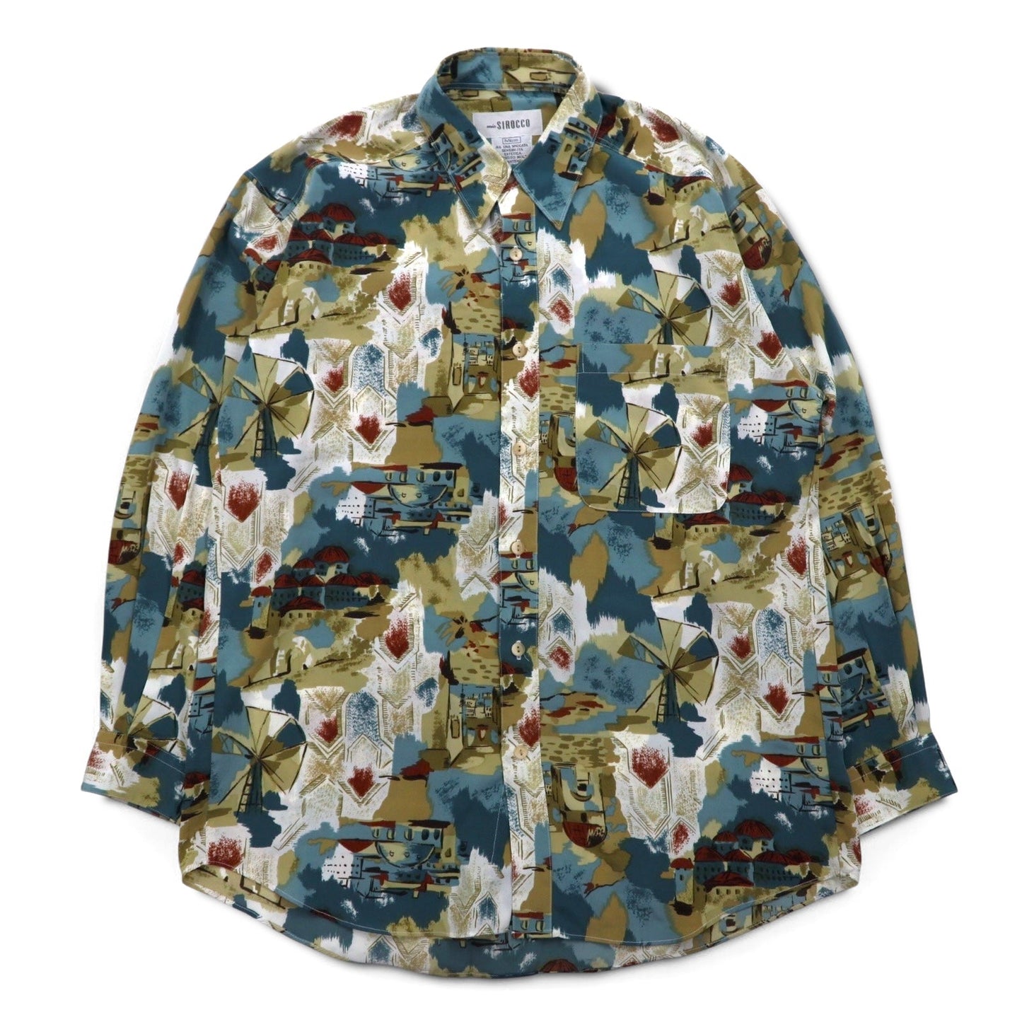 Vintage 90s Japan Made Retro Shirt mio SIROCCO ポリシャツ M マルチカラー 総柄 アート