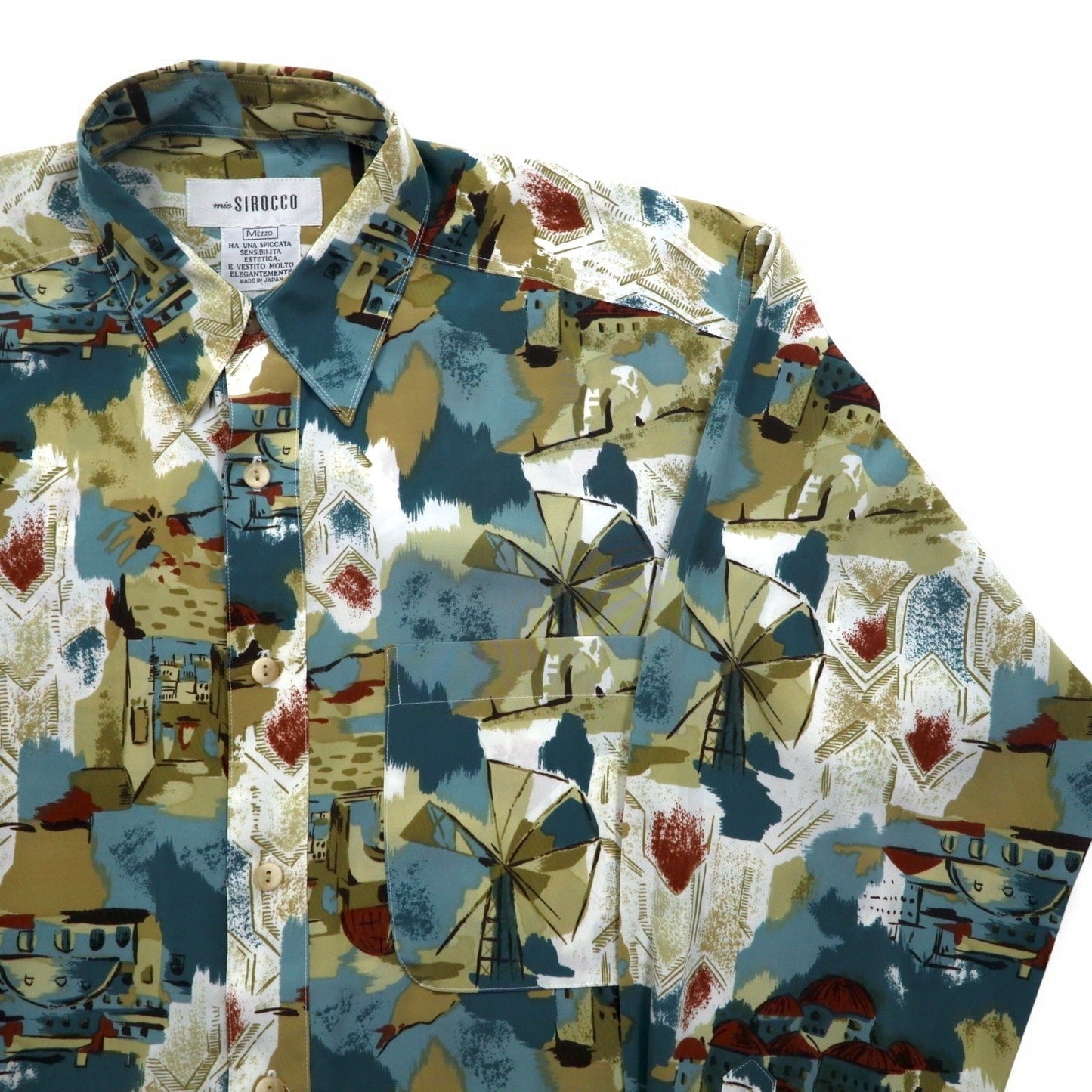 Vintage 90s Japan Made Retro Shirt mio SIROCCO ポリシャツ M マルチカラー 総柄 アート