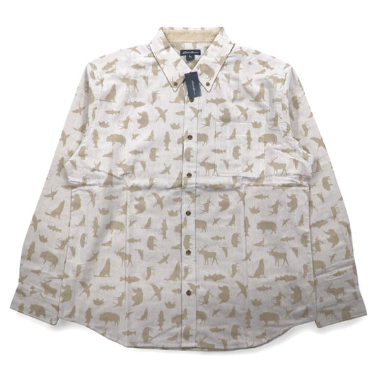 Eddie Bauer ボタンダウンシャツ L ベージュ コットン 総柄 アニマル 未使用品