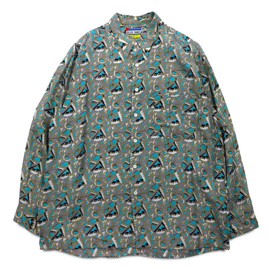 Vintage 90s Retro Shirt JESSE JAMES 総柄 シャツ L グレー キュプラ 胸ポケット