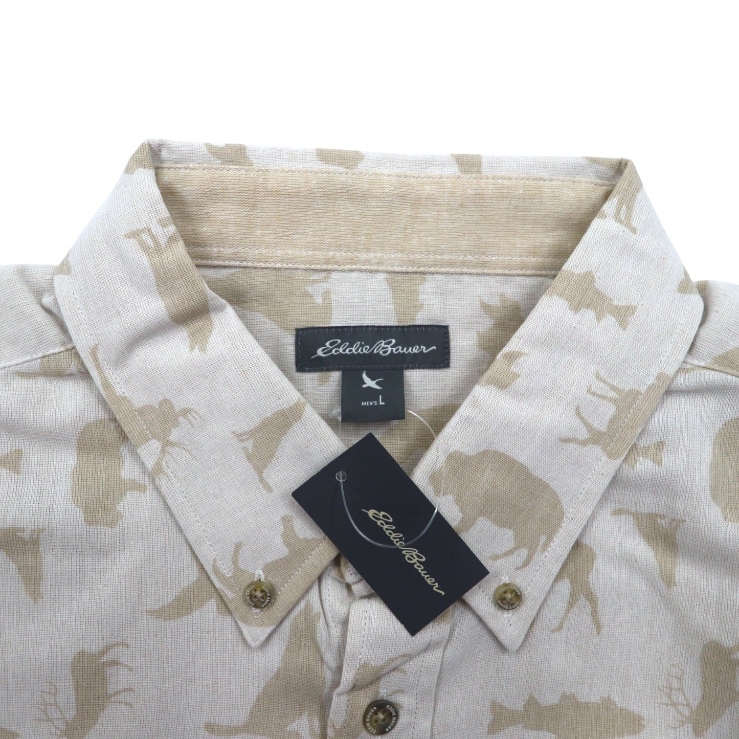 Eddie Bauer ボタンダウンシャツ L ベージュ コットン 総柄 アニマル 未使用品