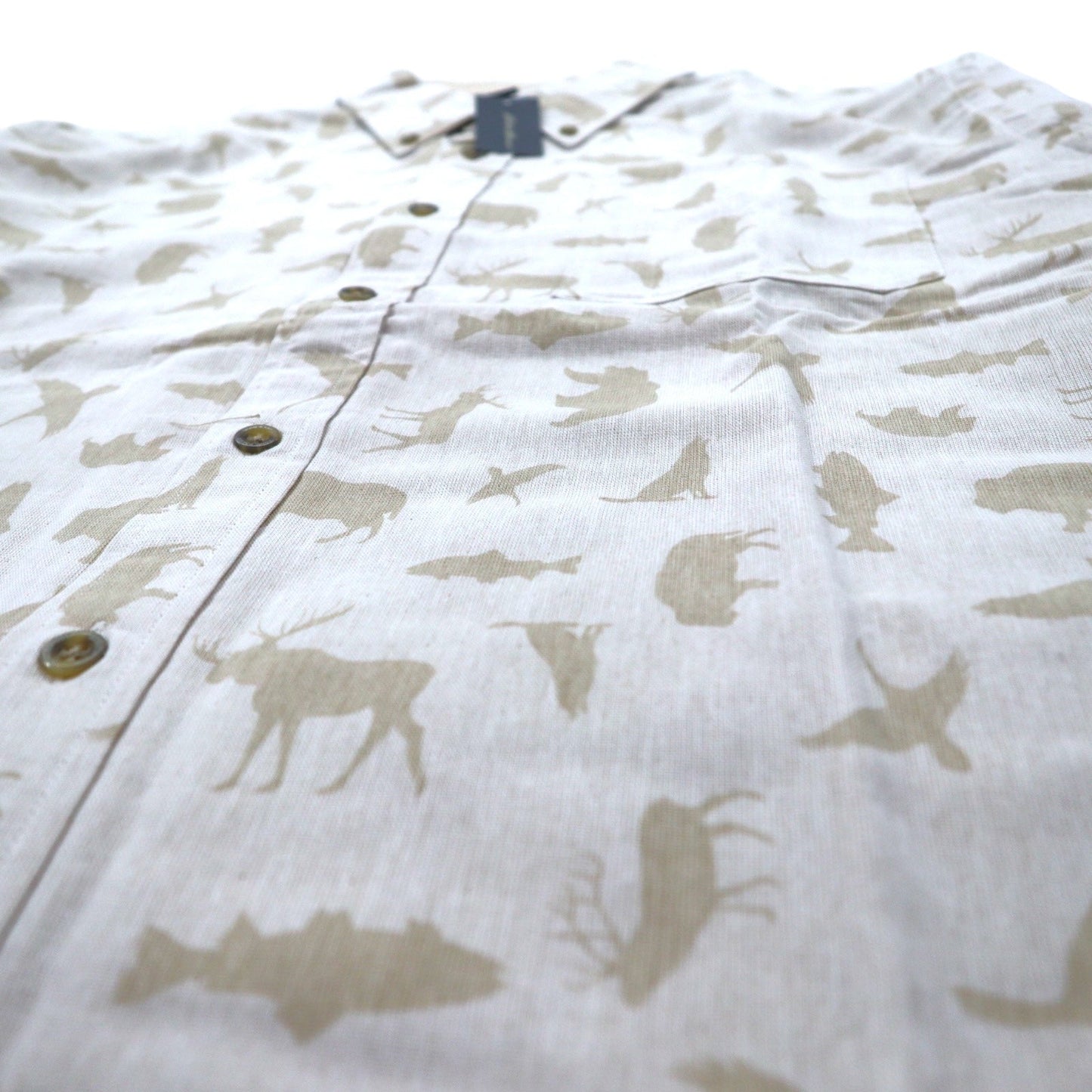Eddie Bauer ボタンダウンシャツ L ベージュ コットン 総柄 アニマル 未使用品