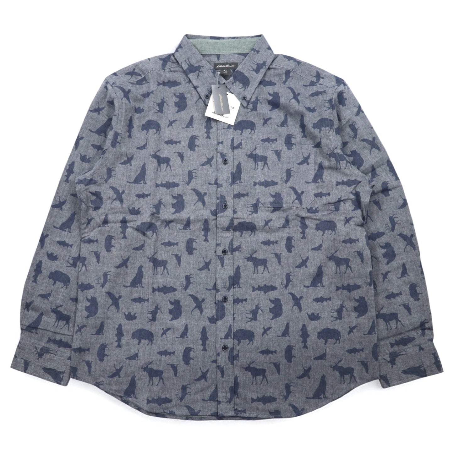 Eddie Bauer ボタンダウンシャツ L ネイビー コットン 総柄 アニマル 未使用品