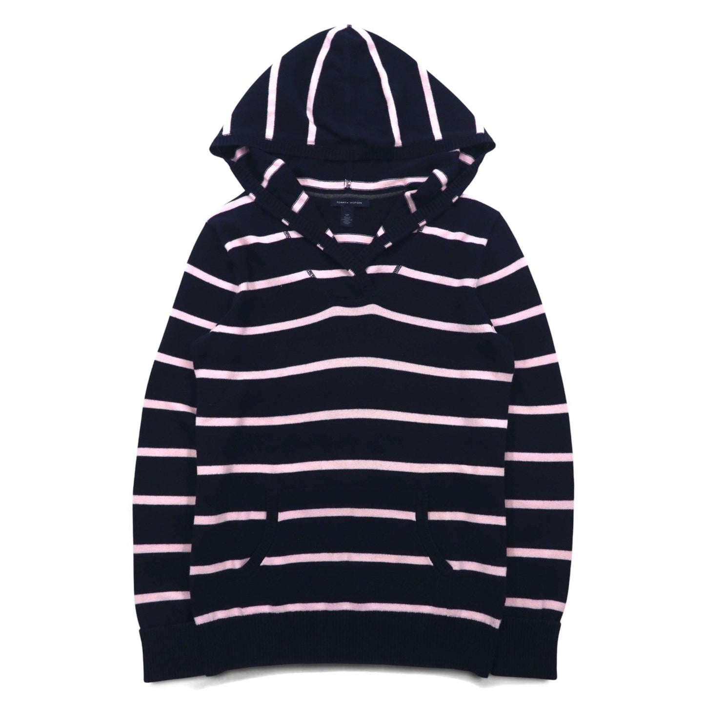 TOMMY HILFIGER コットン ニット パーカー S ネイビー ボーダー エルボーパッチ フロントポケット