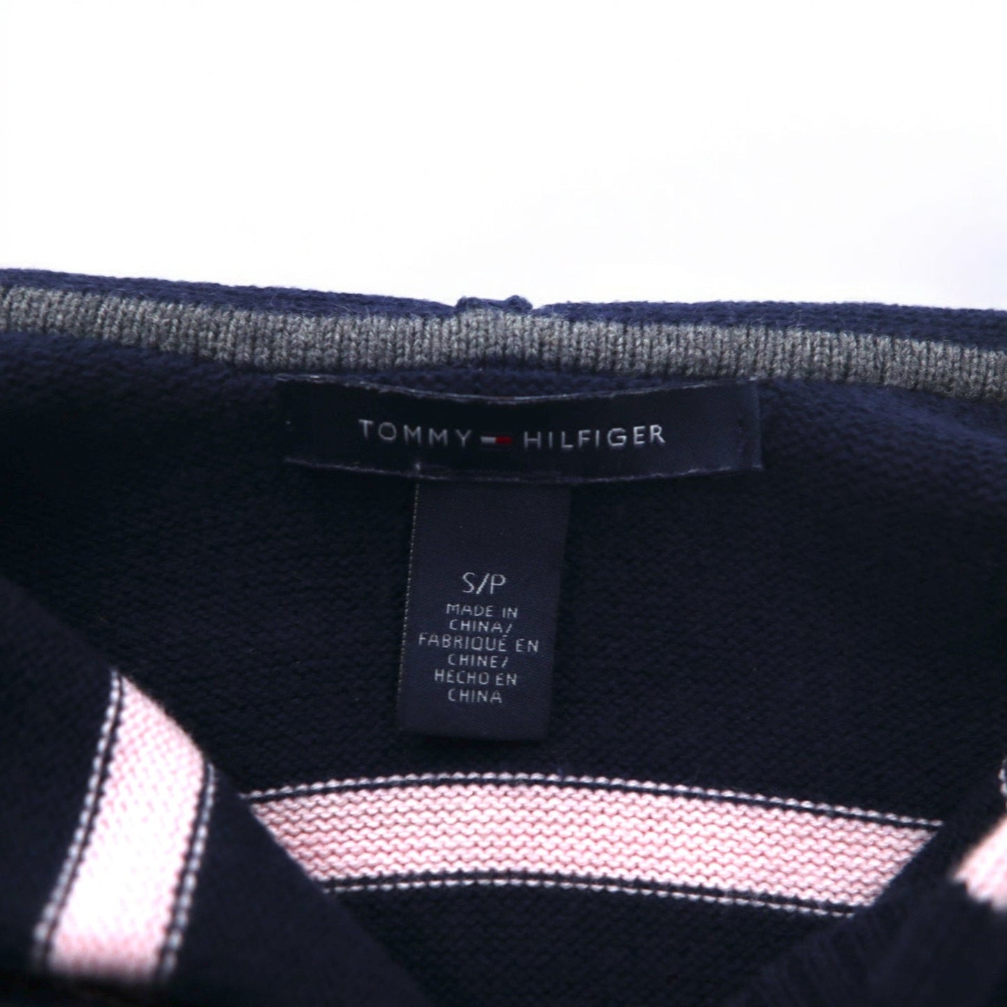 TOMMY HILFIGER コットン ニット パーカー S ネイビー ボーダー エルボーパッチ フロントポケット