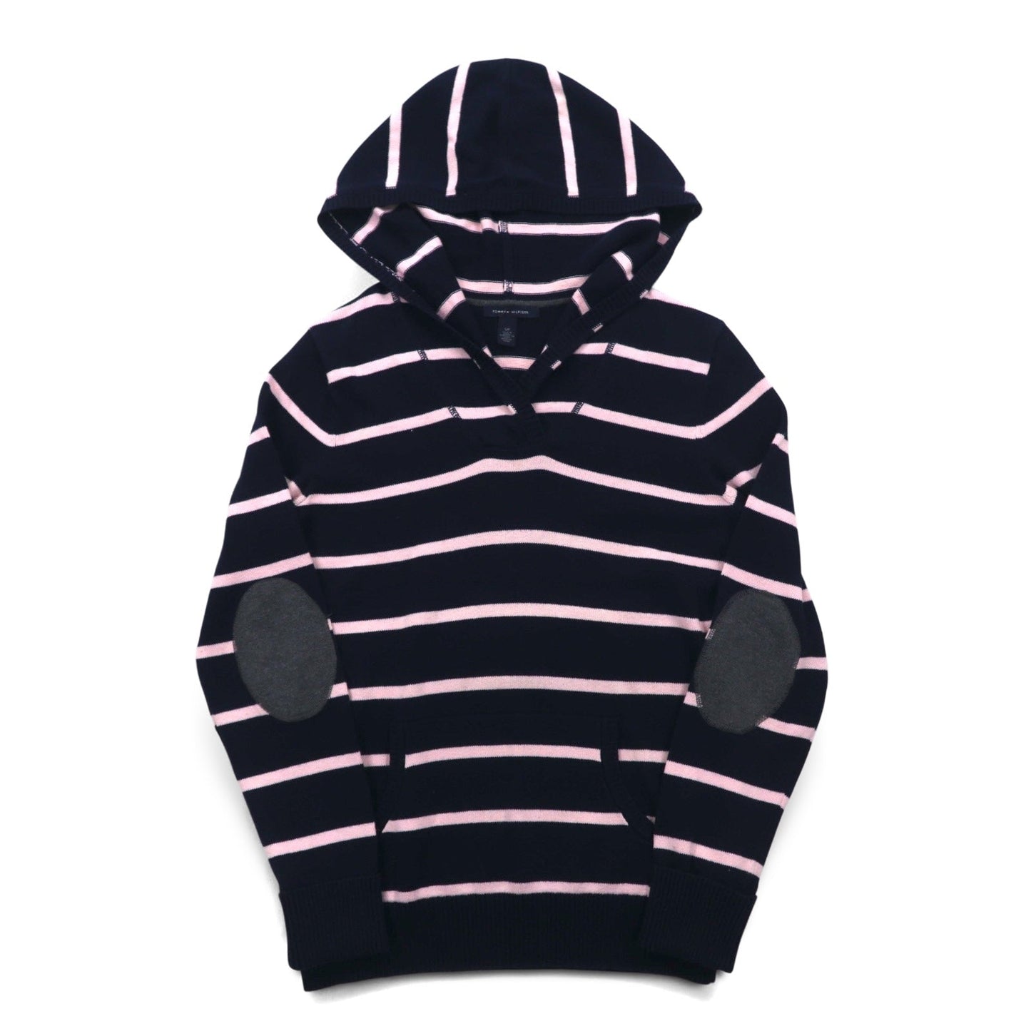 TOMMY HILFIGER コットン ニット パーカー S ネイビー ボーダー エルボーパッチ フロントポケット