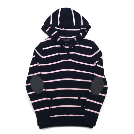 TOMMY HILFIGER コットン ニット パーカー S ネイビー ボーダー エルボーパッチ フロントポケット