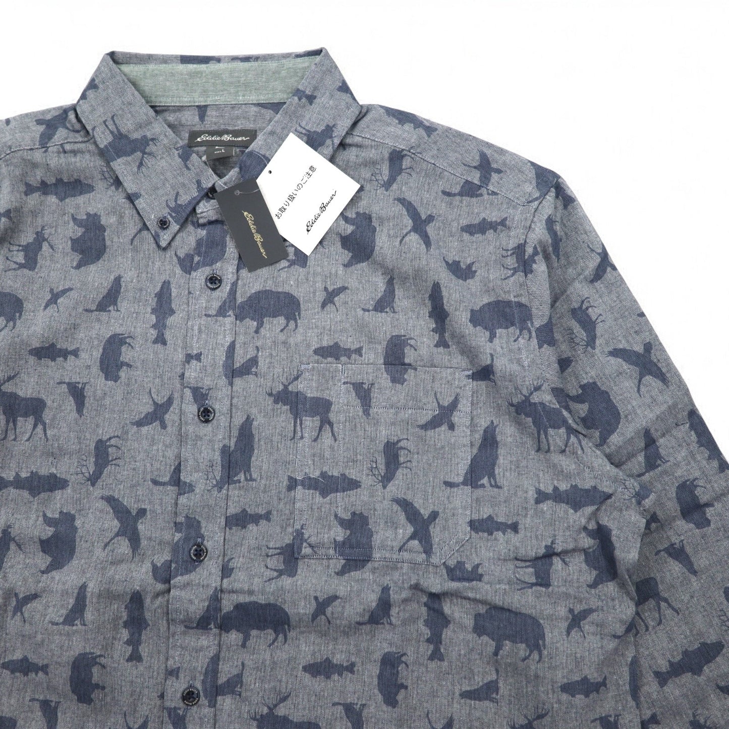 Eddie Bauer ボタンダウンシャツ L ネイビー コットン 総柄 アニマル 未使用品
