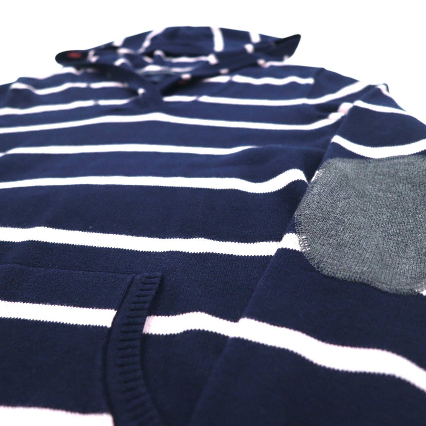 TOMMY HILFIGER コットン ニット パーカー S ネイビー ボーダー エルボーパッチ フロントポケット