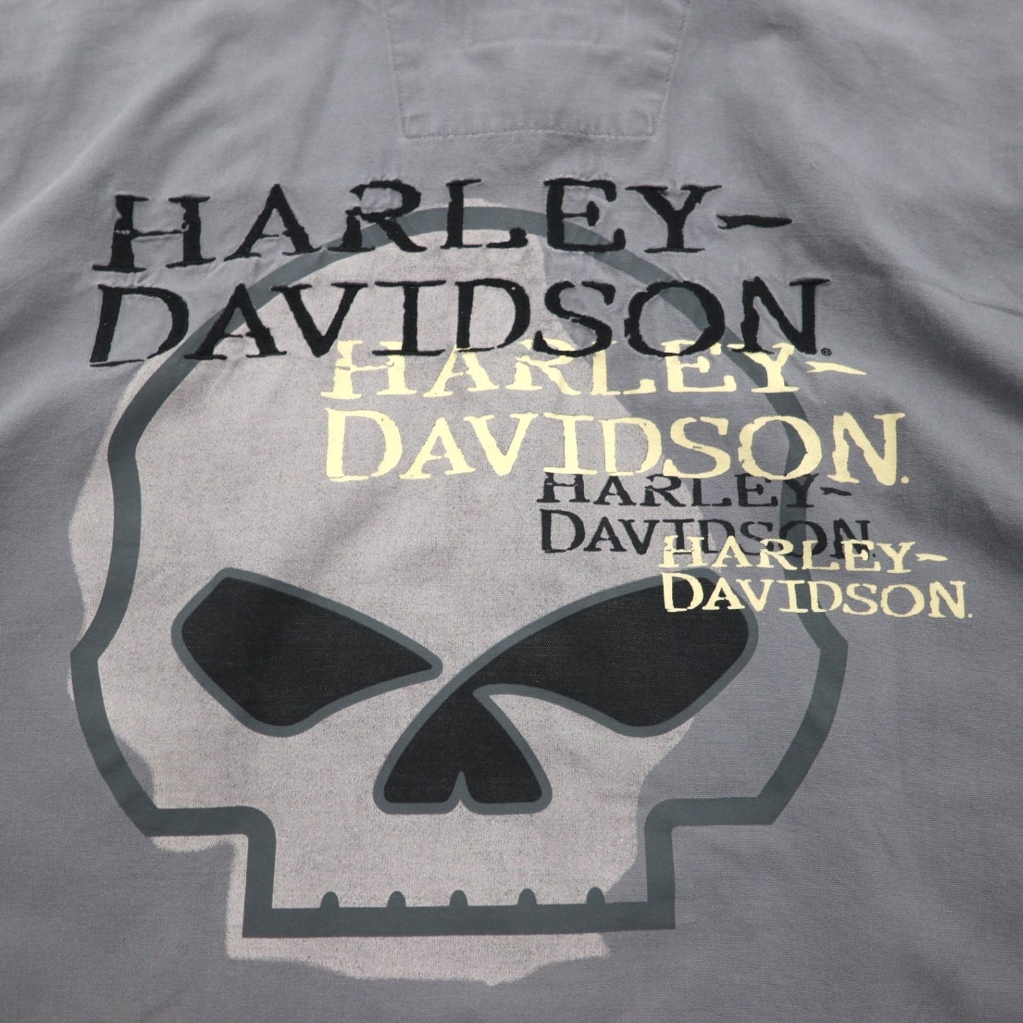 HARLEY DAVIDSON スカルプリント 半袖 ワークシャツ L グレー バックプリント ダブルポケット
