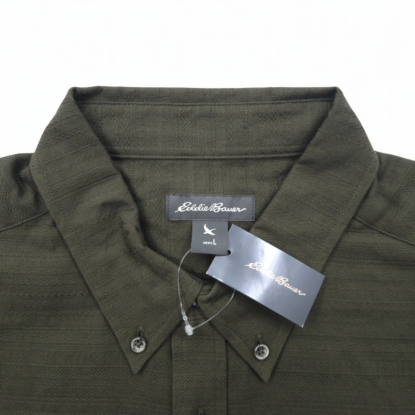 Eddie Bauer ドビー織 ボタンダウンシャツ L カーキ コットン 総柄 未使用品