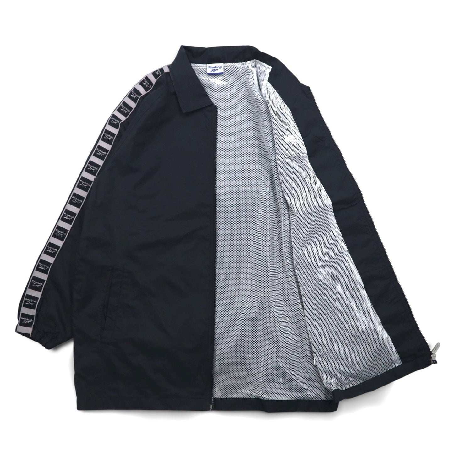 Reebok 90年代 フルジップ コーチジャケット L ブラック ロゴテープ サイドライン メッシュライナー