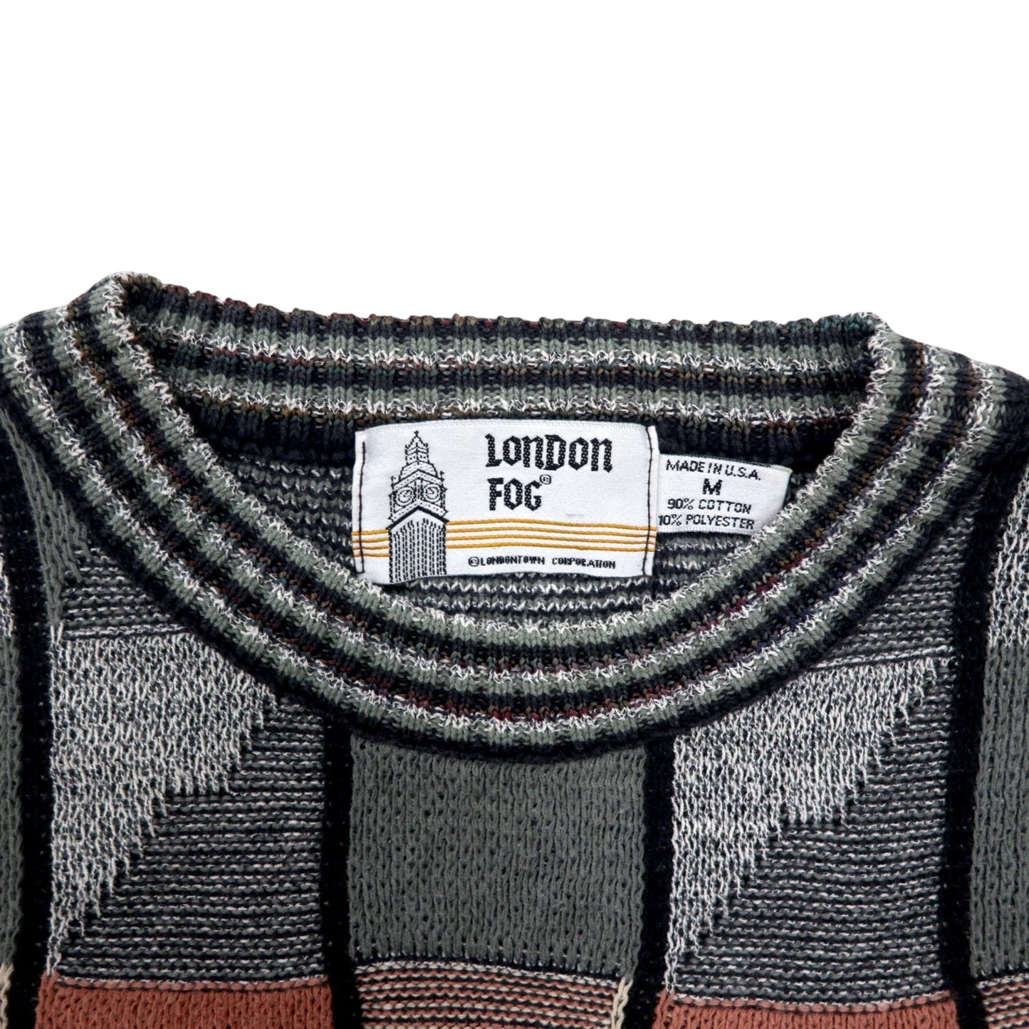 LONDON FOG 90年代 USA製 ローゲージ 総柄 ニット セーター M グレー マルチカラー コットン カラーブロック