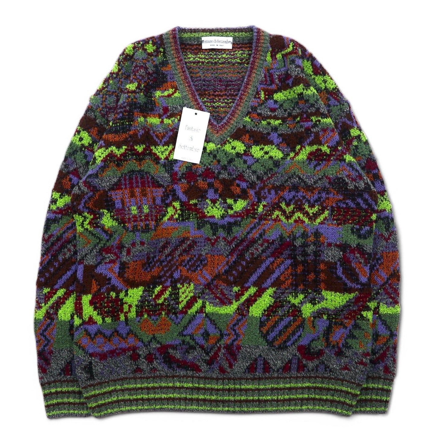 Fantasie di Settembre イタリア製 90年代 総柄 ジャガード ニット セーター L マルチカラー デッドストック 未使用品