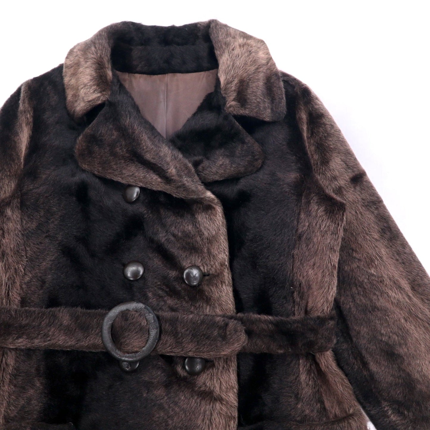 Vintage 60s Fur Coat Style by Fairmoorフランス製 60年代 ダブルブレスト ファーコート FREE ブラウン 毛皮 ベルト付き