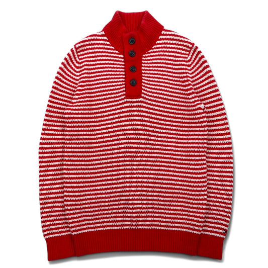 TOMMY HILFIGER ハーフボタン ワッフルニットセーター L レッド ボーダー ローゲージ