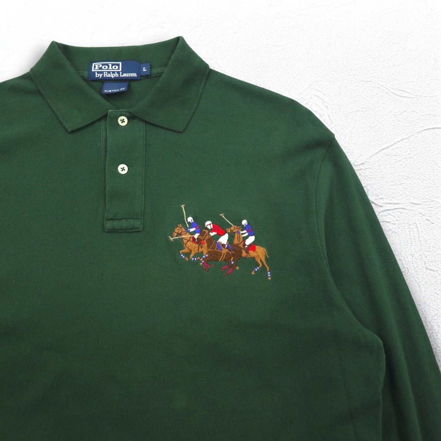 Polo by Ralph Lauren 長袖 ポロシャツ ラガーシャツ L グリーン 鹿の子 CUSTOM FIT 刺繍 ナンバリング
