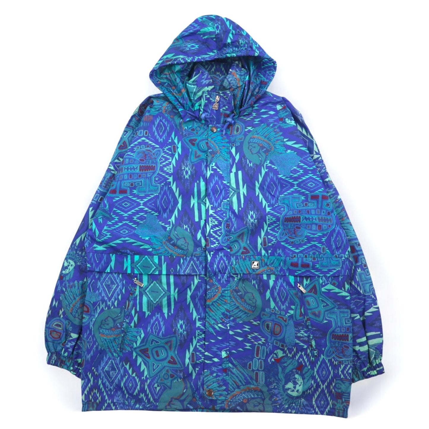 K-WAY 90年代 フード収納式 パッカブル ナイロンジャケット パーカー XL ブルー 総柄 ネイティブ柄 インディアン
