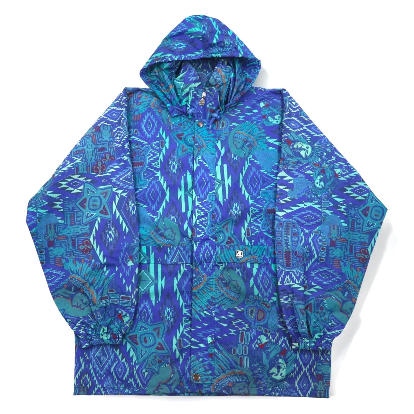 K-WAY 90年代 フード収納式 パッカブル ナイロンジャケット パーカー XL ブルー 総柄 ネイティブ柄 インディアン