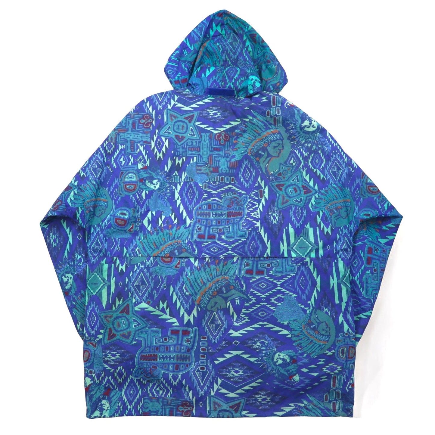 K-WAY 90年代 フード収納式 パッカブル ナイロンジャケット パーカー XL ブルー 総柄 ネイティブ柄 インディアン